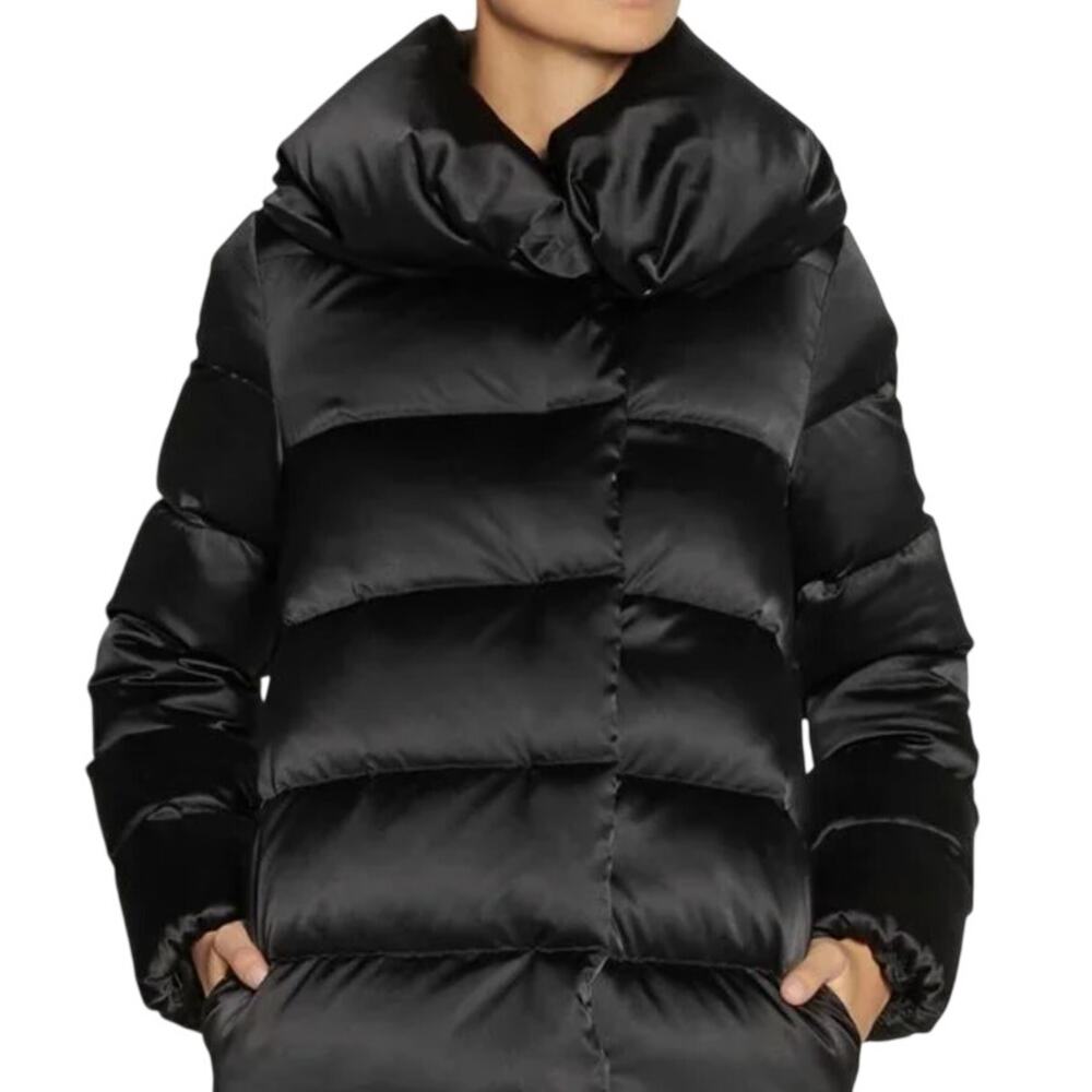 Diane von Furstenberg DVF Goose Down Black Satin Zona Puffer Zip Hood Coat